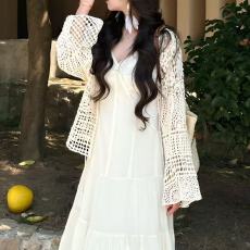 批发实拍温柔短款长袖<b class='q'>针织</b>防晒衣宽松显瘦性感镂空海边度系带<b class='q'>开衫</b>上衣