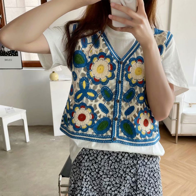 파란색 베스트 일본식 레트로 작은 대중 스택 착용 베스트 쇼트 스타일 홀로우 아웃 자수 조끼 맨위 외출용 트렌디