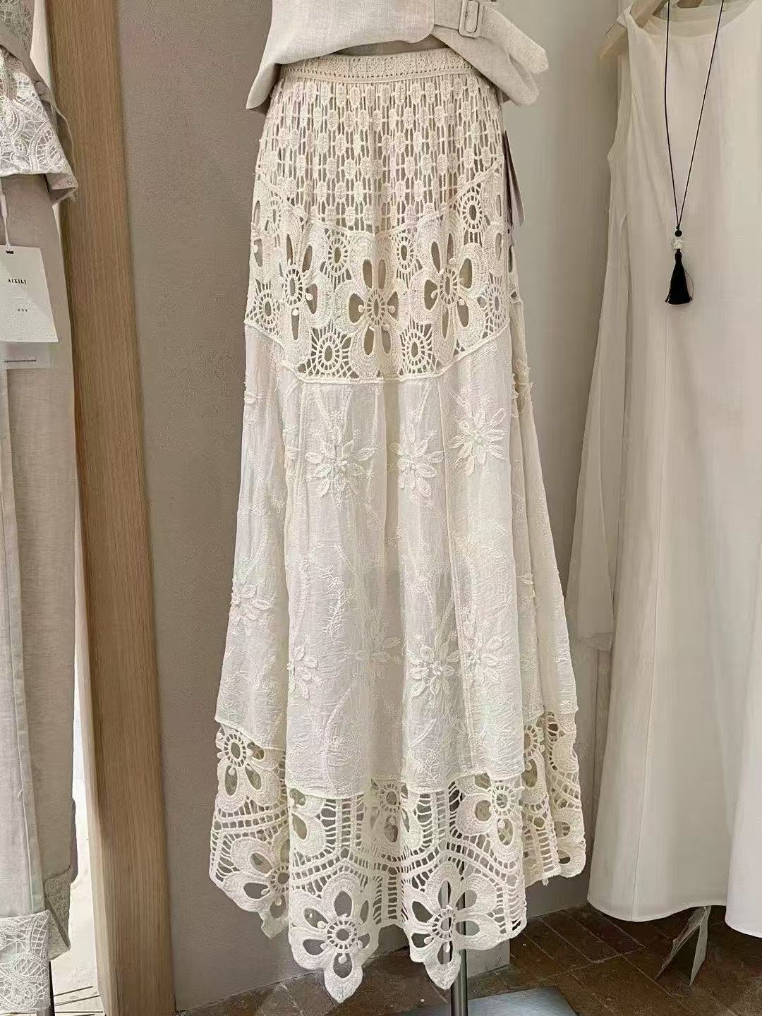 실사 자수 홀로우 아웃 레이스 반신 스커트 여성 여름 중간 길이 허리밴드 슬림해 보이는 큰 진자 A라인 스커트 롱 스커트 여성