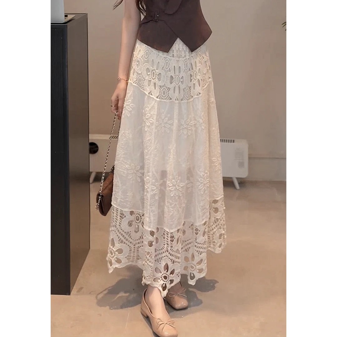 실사 자수 홀로우 아웃 레이스 반신 스커트 여성 여름 중간 길이 허리밴드 슬림해 보이는 큰 진자 A라인 스커트 롱 스커트 여성