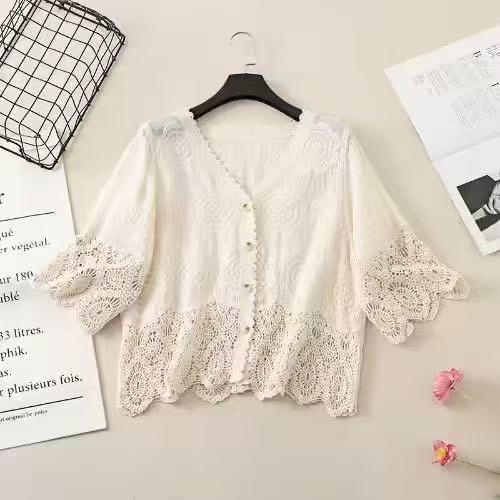 2026 새로운 봄 자외선 차단 오픈 가디건 홀로우 아웃 재킷 얇은 스타일 휴가 바람 해변 레이스 셔츠 루즈핏 맨위 숄