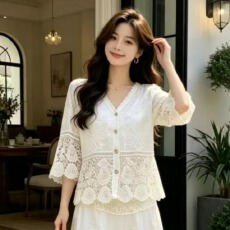 批发<b class='q'>大码</b>法式镂空刺绣V领衬衫蕾丝防晒罩衫夏季宽松薄款<b class='q'>开衫</b>上衣