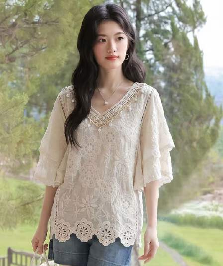 휴가 바람 새로운 중식 국풍 여름 반팔 시리즈 V넥 바인딩 무거운 작업 자수 캐주얼 니트 스웨터 맨위 트렌디