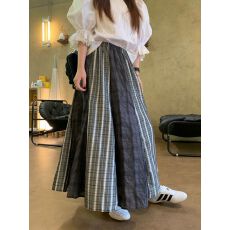批发实拍实价2026~复古文艺泡泡感格纹拼接设计感半裙长裙女大裙摆