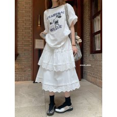 批发实拍实价2026~双层荷叶边拼接<b class='q'>蕾丝</b>花边中裙松紧腰<b class='q'>半身裙</b>