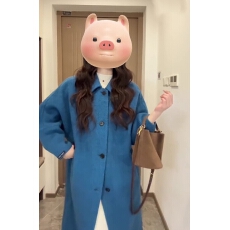 批发设计感气质蓝色毛呢外套女2025秋冬高级感<b class='q'>中长款</b>呢子大衣