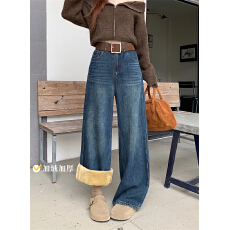 批发实拍实价秋冬加绒加厚复古阔腿牛仔裤女新款高腰宽松显瘦直筒长裤