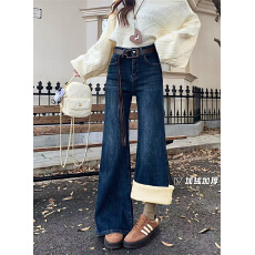 批发实拍实价<b class='q'>秋</b>冬复古加绒加厚微喇阔腿牛仔裤女高腰宽松显瘦直筒长裤