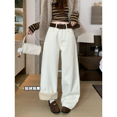 批发实拍实价秋冬韩版加绒加厚阔腿牛仔裤女新款高腰弯刀设计直筒长裤