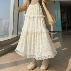 批发实拍 2025秋冬温柔风蕾丝花边拼接蛋糕半身裙女高腰a字百搭长裙