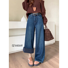 批发实拍实价秋冬复古加绒加厚阔腿牛仔裤女<b class='q'>高腰</b>显瘦刺绣直筒拖地长裤