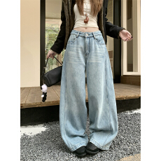 批发实拍实价<b class='q'>秋</b>冬复古加绒加厚口袋阔腿牛仔裤女高腰显瘦直筒拖地长裤