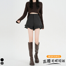 批发实拍 秋冬新款灰色毛呢阔腿<b class='q'>短裤</b>女高腰显瘦木耳花边a字外穿靴裤