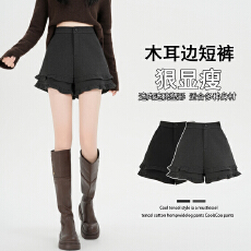 批发实拍 秋冬新款灰色毛呢阔腿<b class='q'>短裤</b>女高腰显瘦木耳花边a字外穿靴裤