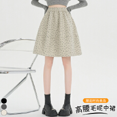 批发实拍 2025新款碎花毛呢半身裙女秋冬松紧腰气质<b class='q'>甜美</b>a字伞裙中裙