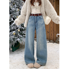 批发实拍秋冬复古加绒加厚阔腿<b class='q'>牛仔裤</b>女新款高腰显瘦直筒百搭拖地长裤