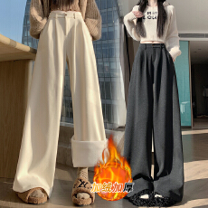 批发实拍 杏色加绒加厚毛呢阔腿裤女冬季新款高腰显瘦直筒休闲长裤