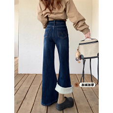 批发实拍 秋冬复古刺绣加绒加厚微喇牛仔裤女高腰显瘦a字阔腿喇叭长裤