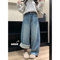 批发实拍满天星烫钻重工加绒加厚阔腿<b class='q'>牛仔</b>裤女高腰设计感宽松直筒长裤