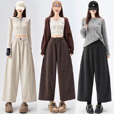 批发实拍 杏色毛呢休闲裤女2025<b class='q'>秋</b>冬高腰宽松显瘦弯刀小个子阔腿长裤