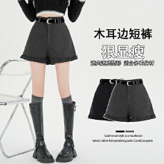 批发实拍 灰色毛呢木耳花边阔腿<b class='q'>短裤</b>女秋冬小个子<b class='q'>高腰</b>a字百搭休闲靴裤