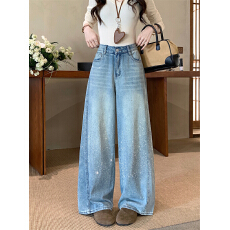 批发实拍春季新款满天星烫钻重工阔腿牛仔裤女高腰设计感宽松直筒<b class='q'>长裤</b>