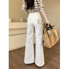 批发实拍 春季新款高级感高腰微喇<b class='q'>牛仔裤</b><b class='q'>女</b>刺绣不贴腿显瘦拖地喇叭<b class='q'>裤</b>