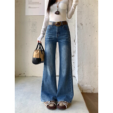 批发实拍 春季新款高级感高腰微喇<b class='q'>牛仔裤</b><b class='q'>女</b>刺绣不贴腿显瘦拖地喇叭<b class='q'>裤</b>