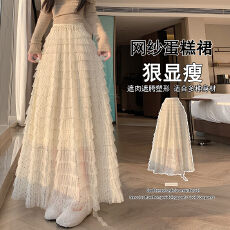 批发实拍 春款新款波点蕾丝蛋糕裙女高腰显瘦百搭甜美风a字垂感中<b class='q'>长裙</b>