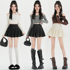 批发实拍 秋<b class='q'>冬</b>芭蕾风蝴蝶结毛呢百褶半身裙女新款高腰显瘦a字百搭短裙