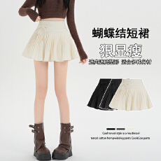 批发实拍 秋<b class='q'>冬</b>芭蕾风蝴蝶结毛呢百褶半身裙女新款高腰显瘦a字百搭短裙