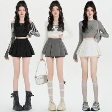 批发实拍 春季新款灰色西装百褶半身裙女辣妹高腰显瘦a字小个子裙裤