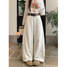 批发实拍 春款美式复古白色弯刀阔腿<b class='q'>牛仔裤</b>女高腰显瘦垂感直筒长裤