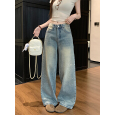 批发实拍 春款爆闪阔腿裤<b class='q'>牛仔裤</b>女新款高腰显瘦百搭烫钻直筒拖地长裤