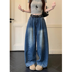 批发实拍 <b class='q'>春</b>款复古弯刀阔腿牛仔裤女高腰设计感显瘦宽松直筒拖地长裤