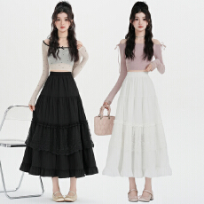 批发实拍2026春夏蕾丝拼接蛋糕半身裙女气质松紧腰a字大摆伞裙长裙