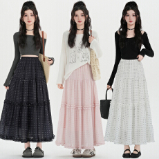 批发实拍春款韩版<b class='q'>夏</b>季甜美少女粉色波点少女感蛋糕松紧腰中长款裙子