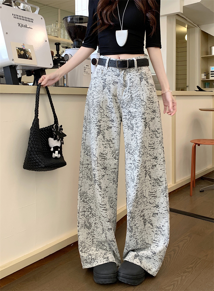 진짜 꽃 회색 자카드 넓은 다리 청바지 여성 봄 새로운 하이웨이스트 루즈핏 슬림해 보이는 다용도 스트레이트 바닥 청소 바지