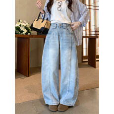 批发实拍 春款复古阔腿弯刀设计<b class='q'>牛仔裤</b>女新款高腰显瘦宽松直筒长裤