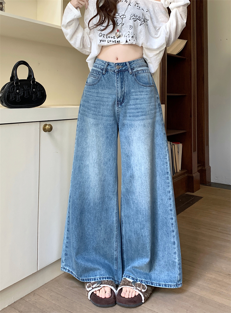 실사 아메리칸 레트로 자수 넓은 다리 청바지 여성 새로운 하이웨이스트 슬림해 보이는 한 마디 스트레이트 도루 센스 긴 바지