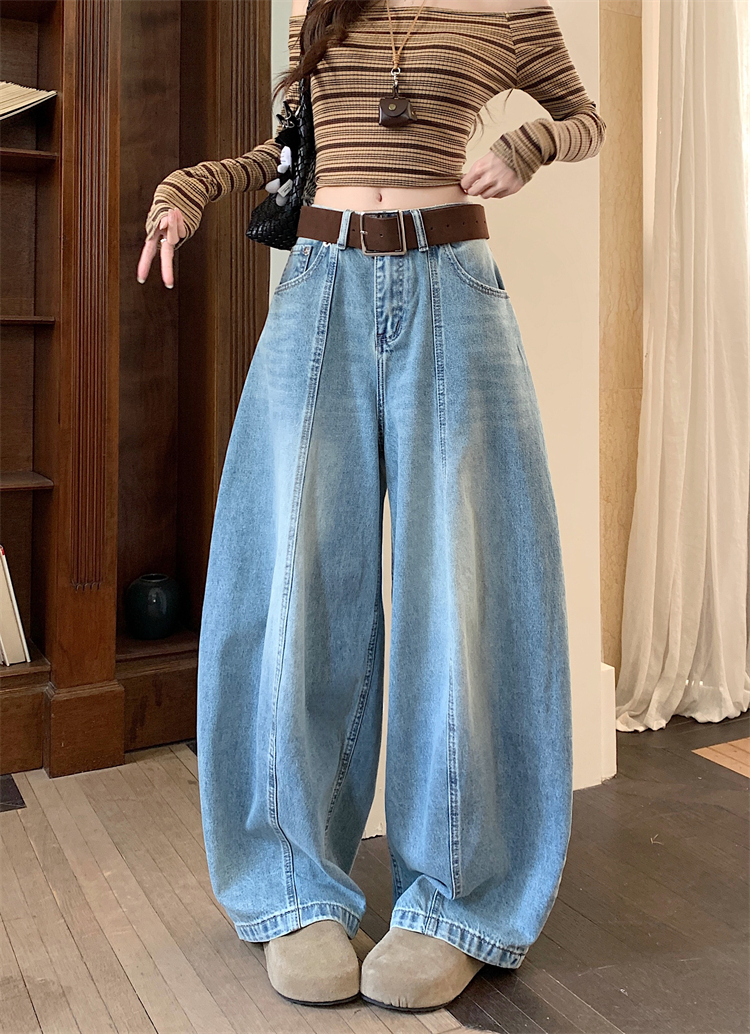 실사 아메리칸 레트로 넓은 다리 청바지 여성 새로운 하이웨이스트 슬림해 보이는 스트레이트 도루 센스 풍선 바닥 청소 긴 바지