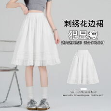 批发实拍春夏韩系温柔气质蕾丝花边<b class='q'>百搭</b>拼接松紧腰显瘦纯色A字半身裙