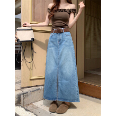 批发实拍 美式刺绣水洗开叉牛仔半身裙女新款高腰显瘦a字包臀长裙