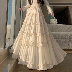 批发实拍法式温柔风仙气蛋糕雪纺半身裙女2026夏季高腰木耳边A字<b class='q'>长裙</b>