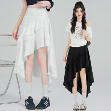 批发实拍高腰不规则荷叶边半身裙女2026春夏设计感遮跨显瘦大摆蛋糕裙