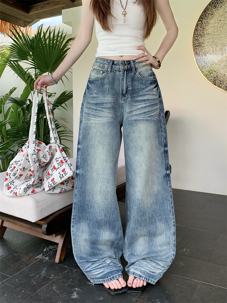 실사 스트레이트 와이드 레그 팬츠 워싱 청바지 여성 아메리칸 레트로 파란색 루즈핏 도루 센스 바닥 청소 긴 바지