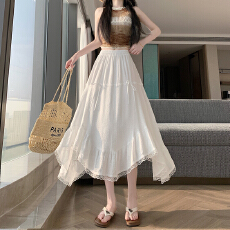 批发实拍 白色设计感蝴蝶结半身裙女2026新款春夏拼接蕾丝甜美中长裙