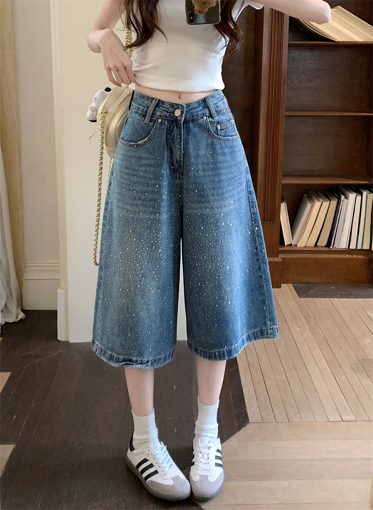 실사 레트로 파란색 핫픽스 7 점 청바지 여성 새로운 하이웨이스트 루즈핏 넓은 다리 아메리칸 핫걸 바지