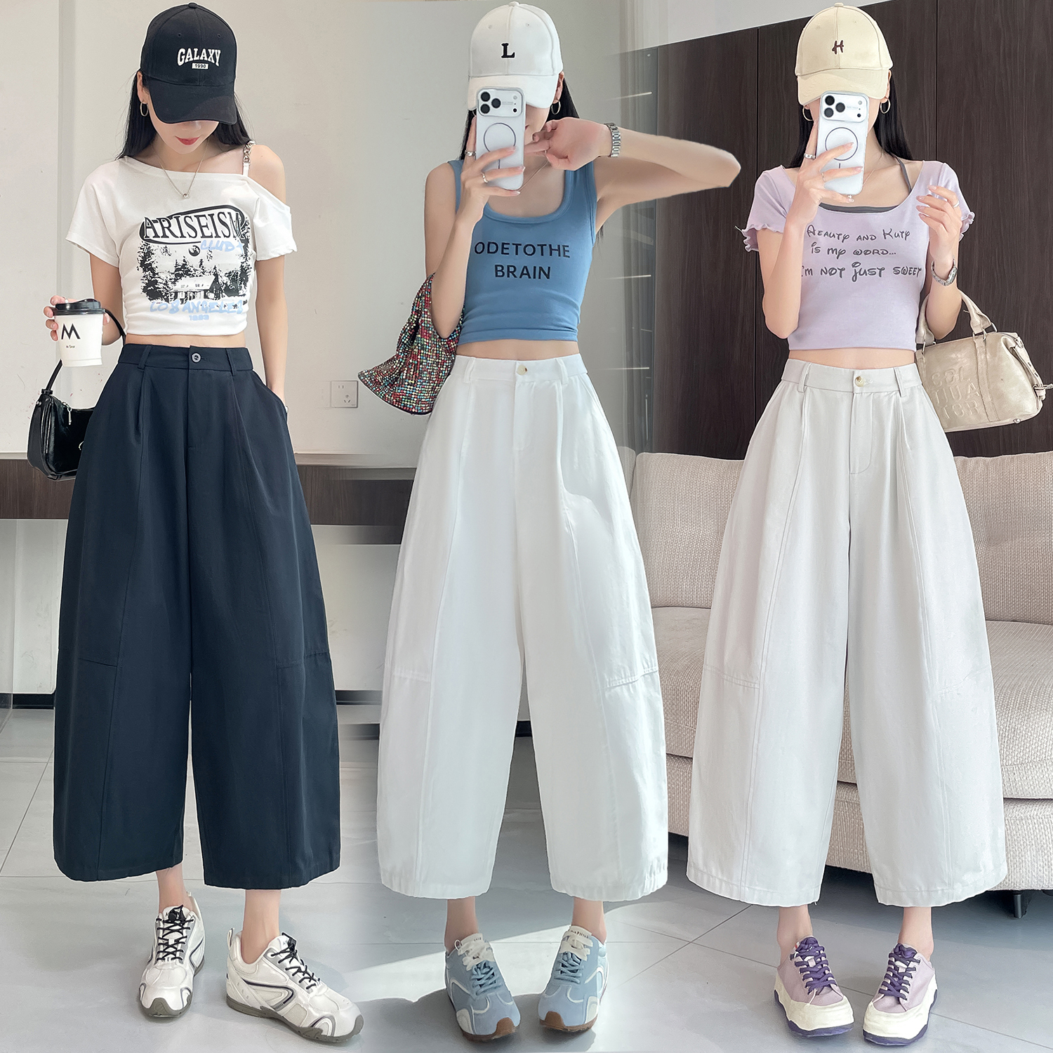 실사 풍선 스트레이트 낫 캐주얼 바지 여성 여름 새로운 하이웨이스트 슬림해 보이는 루즈핏 넓은 다리 9 포인트 바지