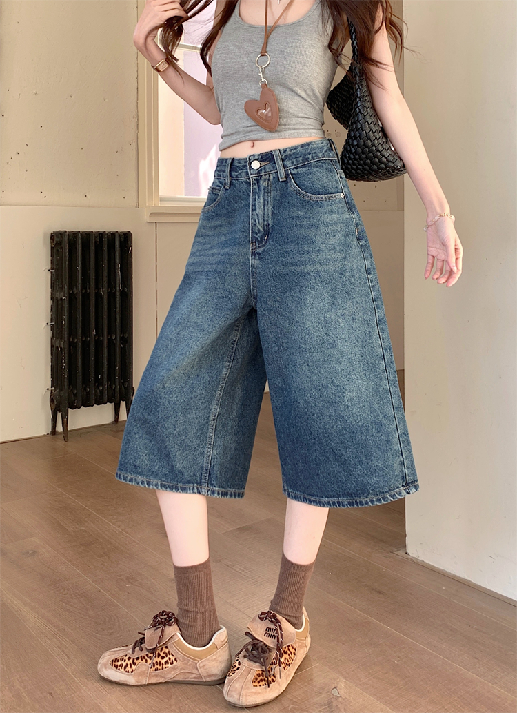 실사 아메리칸 넓은 다리 7 점 청바지 여성 여름 새로운 하이웨이스트 느슨함 센스 느긋한 바람 스트레이트 팬츠 바지